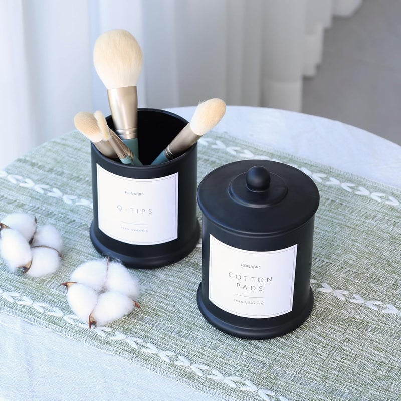 Ronasip Qtip Holder & Cotton Pad Dispenser, Bathroom Organizer and Storage Canisters, 16oz Glass Apothecary Jars for Kitchen, Restroom - Home Decor Accessories, Room Decor Aesthetic (2 Pack, Black) - Image 3